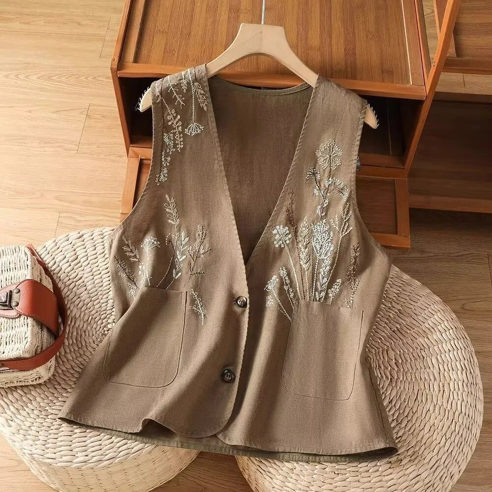 Ängsflora – Broderad väst i bomull och linne