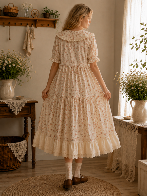 Meadow Violet – Floral cotton dress with lace collar